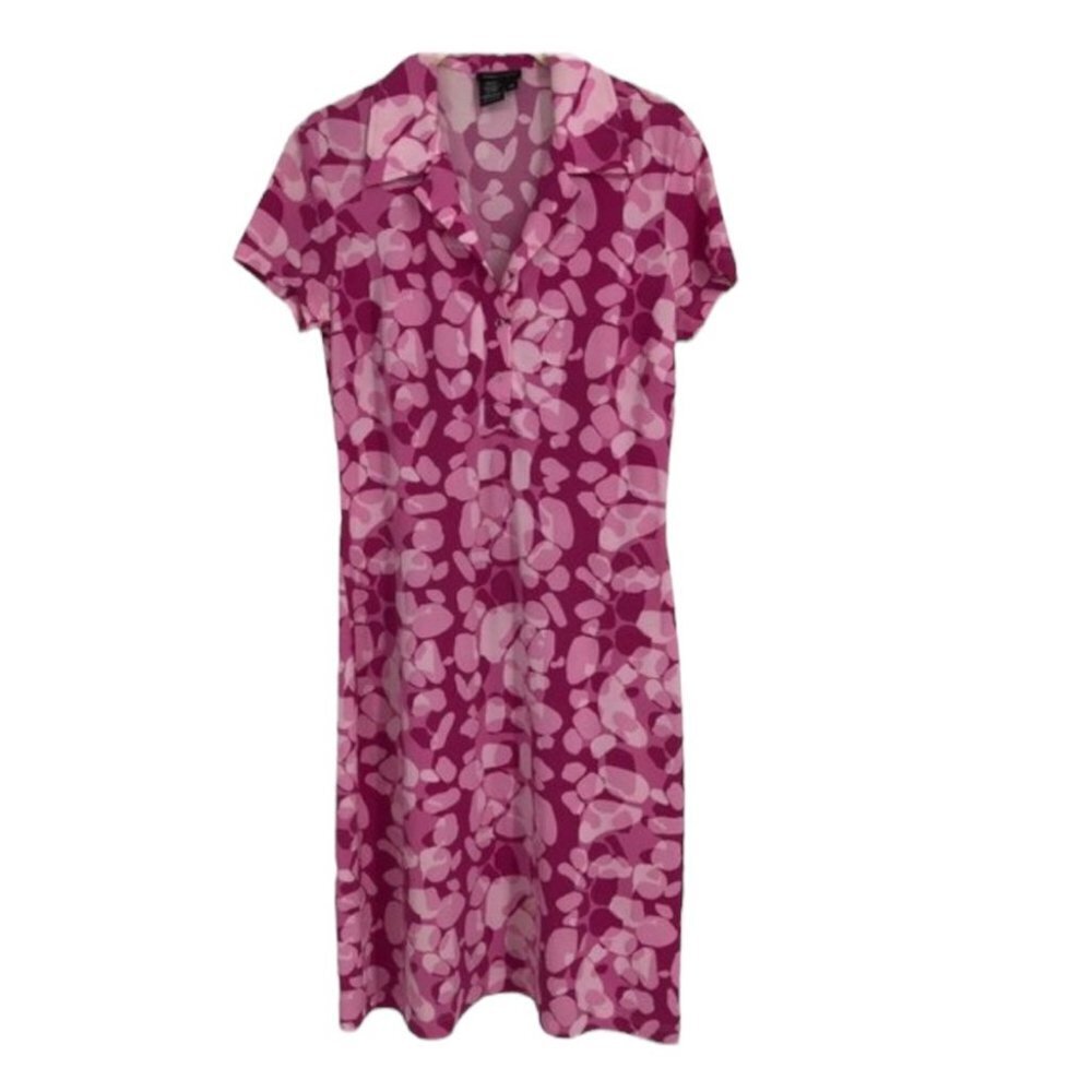 BCBGMaxAzria Pink Abstract Camo Shortsleeve 1/4 Button Midi Dress w/  belt M